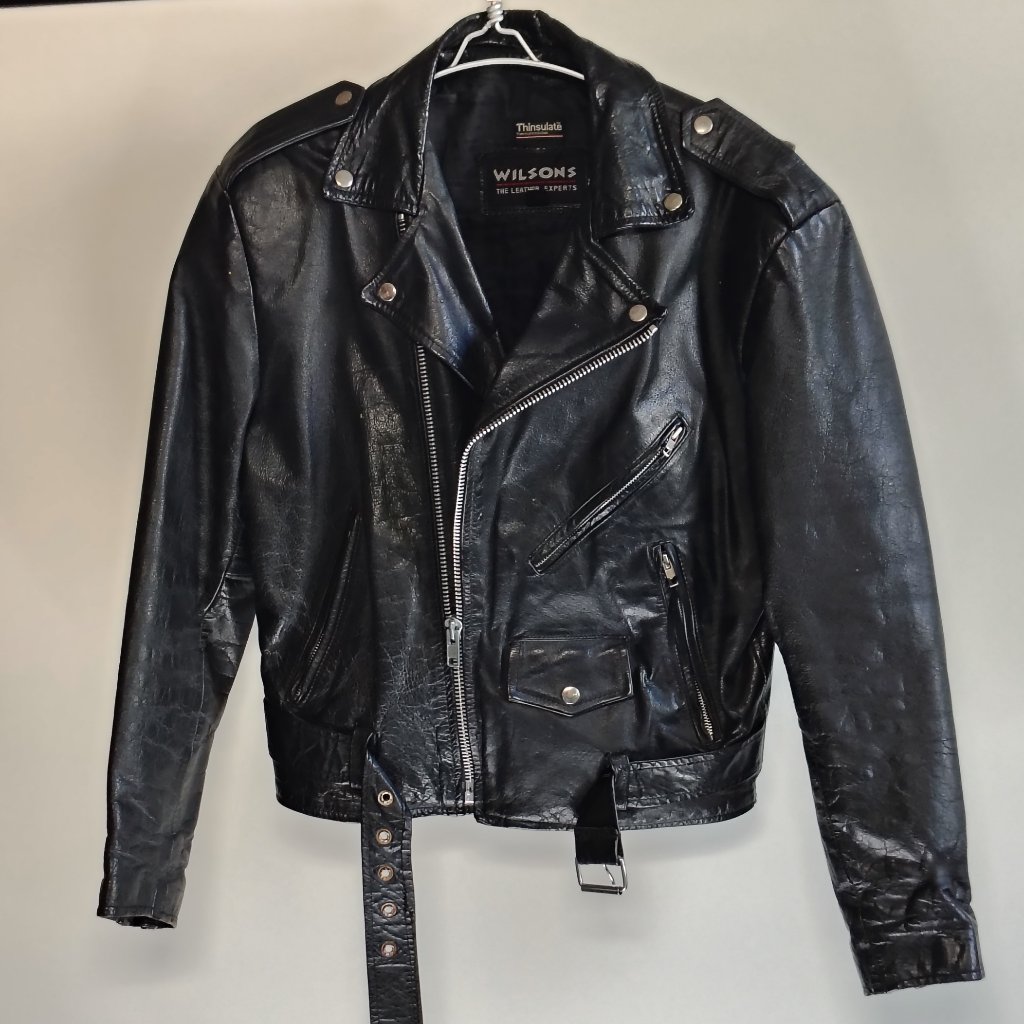 Vintage Wilson Leather Biker Jacket Black Belted Heavy Moto Punk Mens Medium 90s